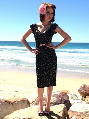 Stop Staring Rockabilly Black Midi Dress with Pink Trim and Bow Size Small